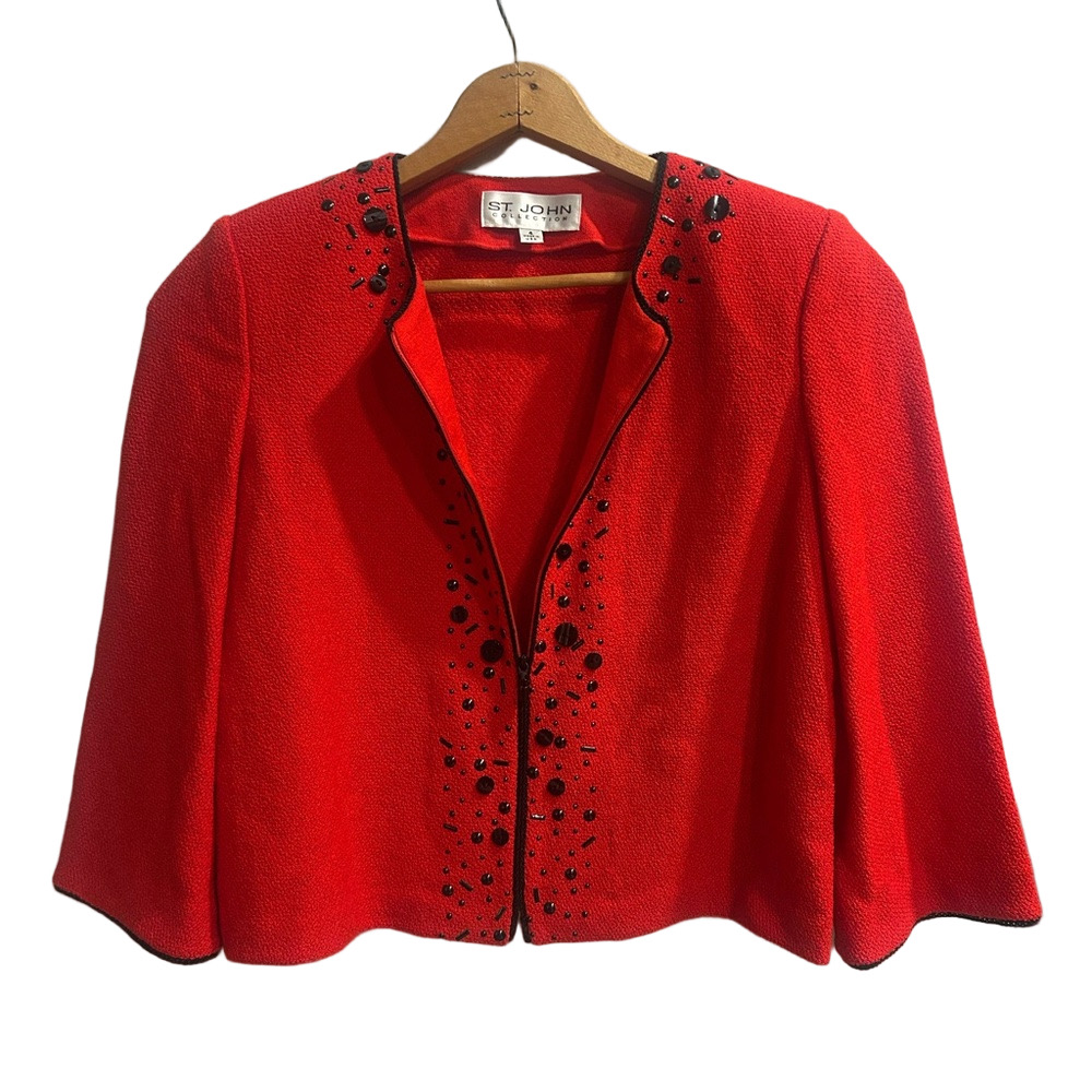St. John Collection Red Santana Knit Embellished Jacket Old Money Sz 4